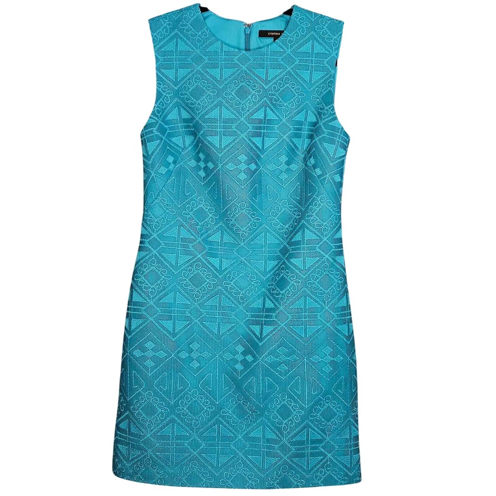Cynthia Steffe Teal Geometric Sheath Dress With Embroidered Overlay Size 2
